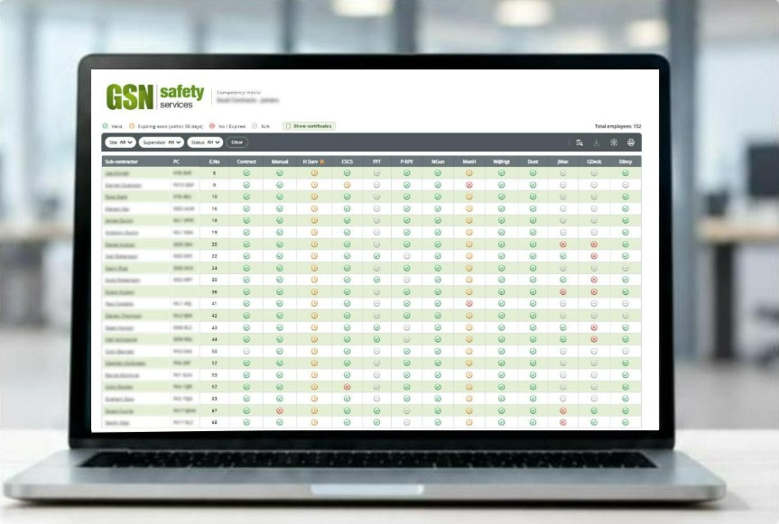 GSN Safety Services online competency matrix shown on a laptop